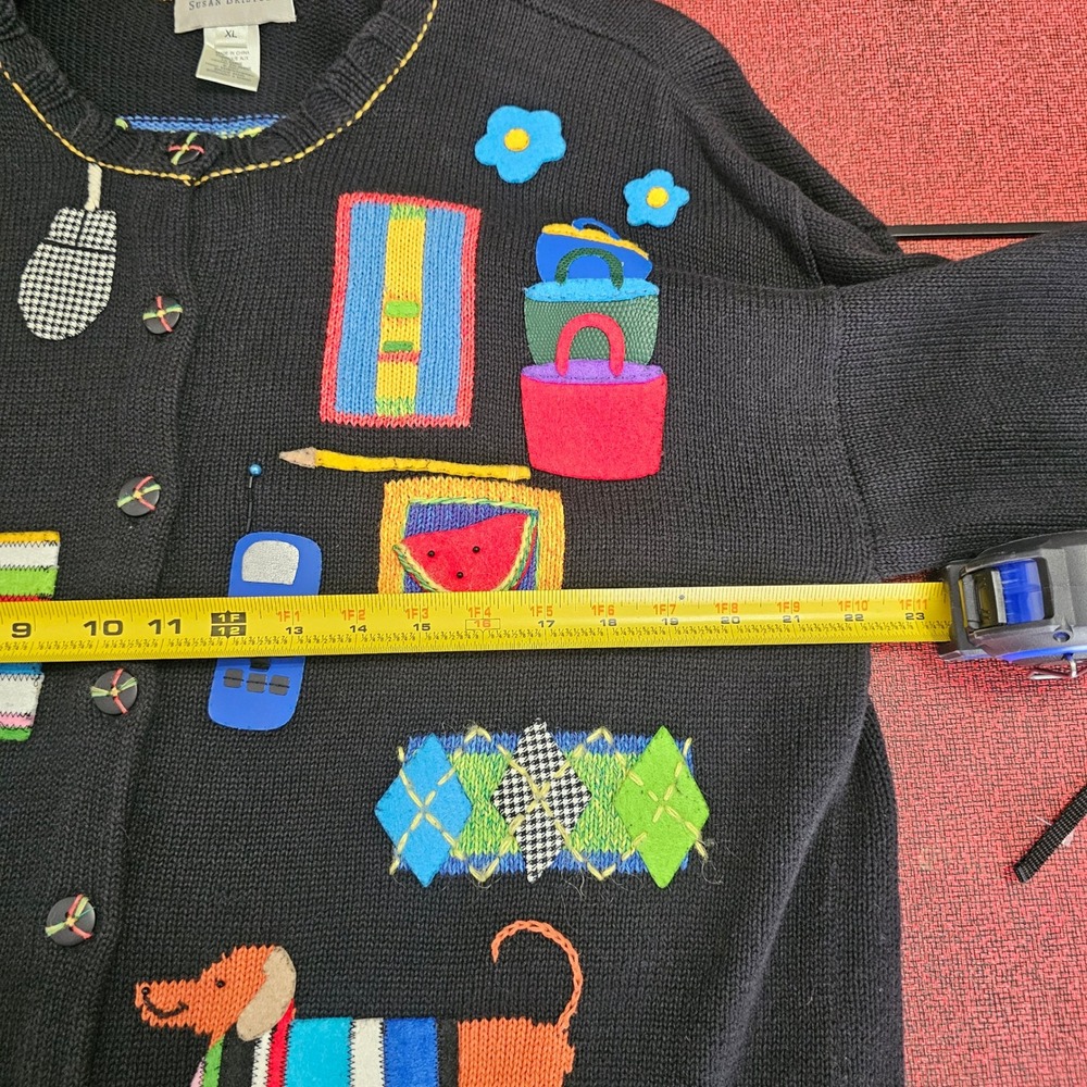 Vintage Susan Bristol Hand Embroidered Dachshund Cardigan XL Black Embellished - Picture 8 of 11